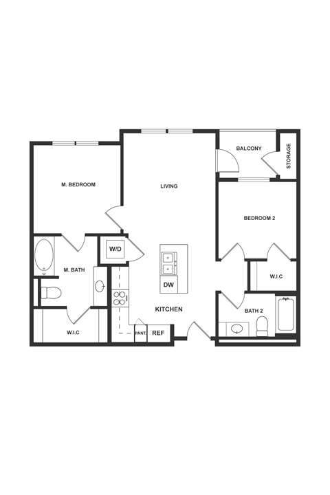 Floor plan for 2 beds, 2 baths, 875 sqft